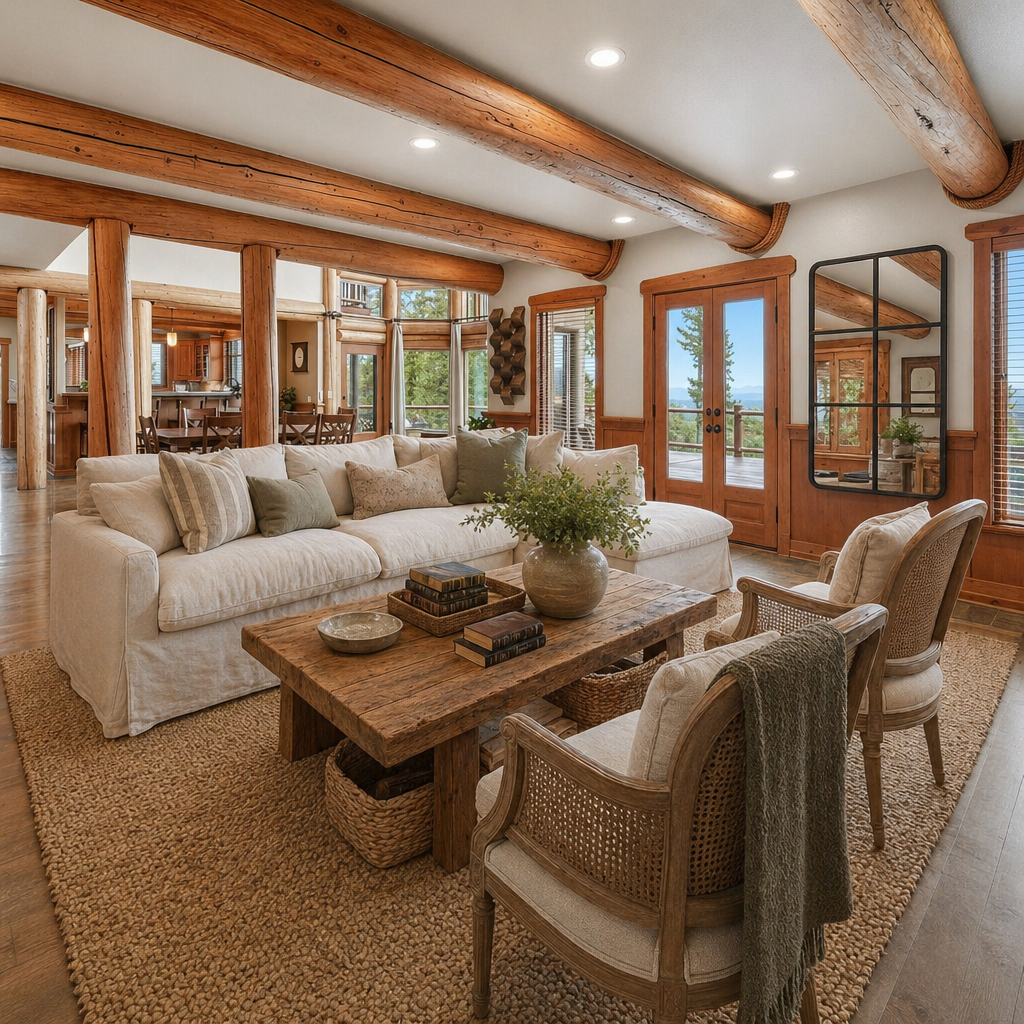 After — Stage this living room in a warm farmhouse style: oversized