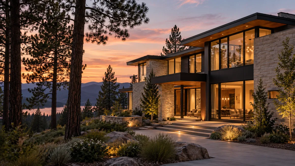 Contemporary stone and glass home among pine trees at dusk
