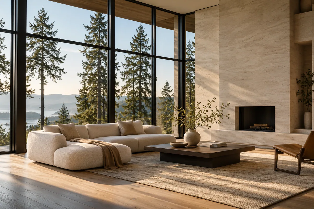 Warm natural materials and a light-filled living room overlooking pine trees