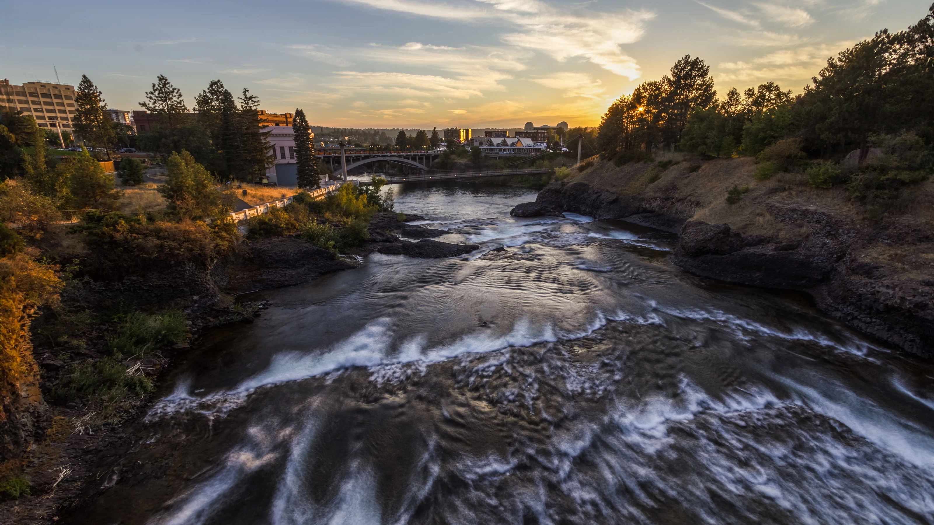 Spokane River and downtown at an autumn sunset